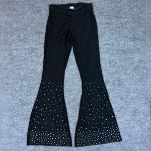 Womens Black Mesh Bell Bottom Pants Rhinestone Sparkle Sheer Flare Pants S/M‎
